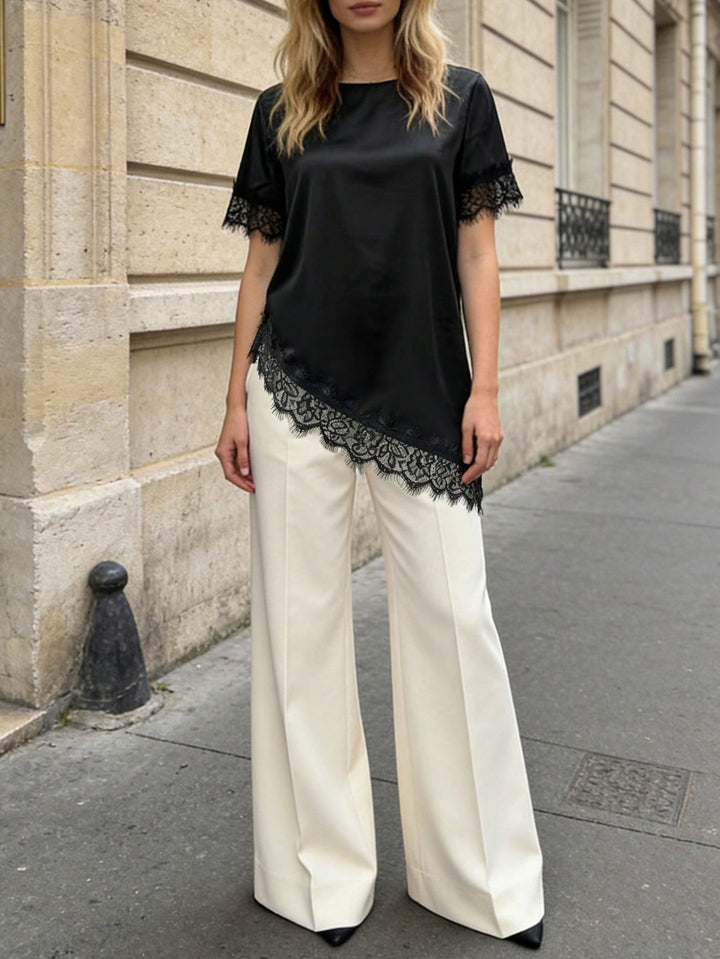 Solid Color Satin Lace Patchwork Uneven Hem Tee Top
