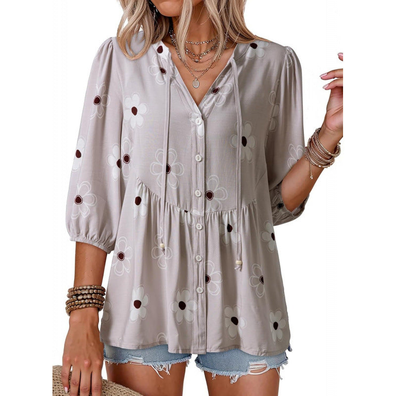 Floral V Neck Button Down Tunic Blouse