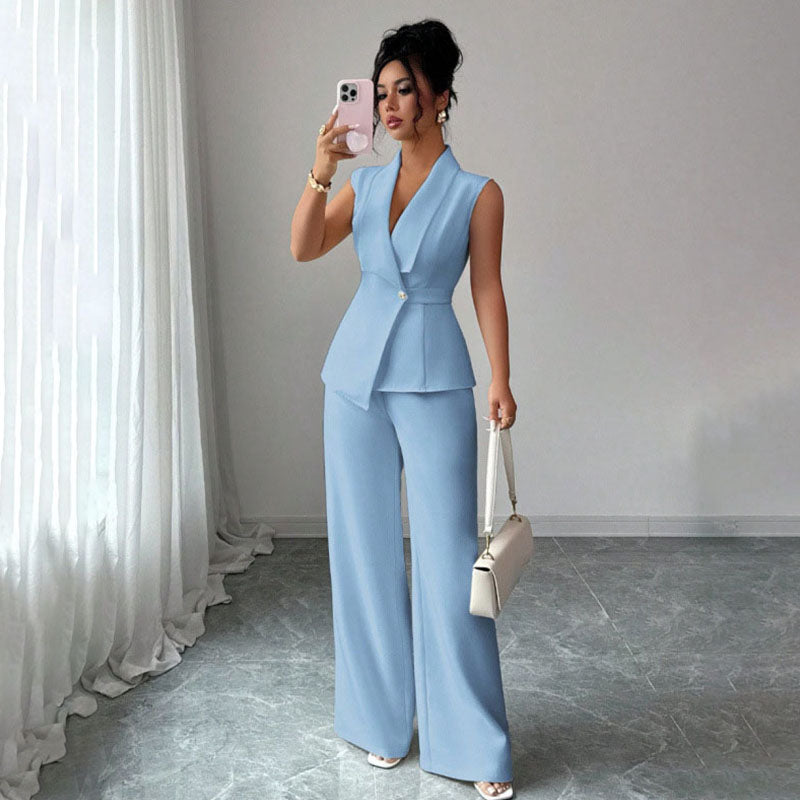 Sleeveless suit vest and wide-leg trousers set