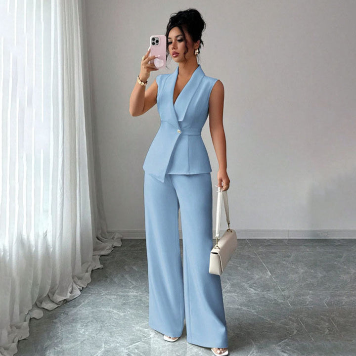 Sleeveless suit vest and wide-leg trousers set