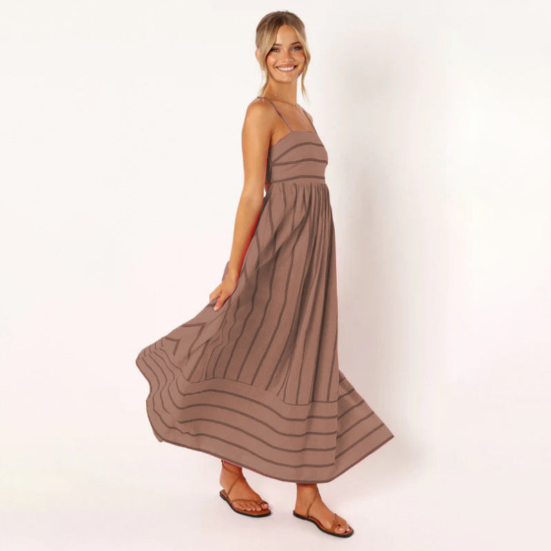 Striped Backless Spaghetti Strap Flowing Maxi Dress