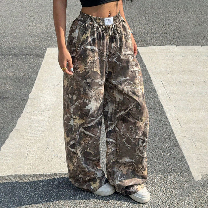 High-waisted printed wide-leg casual trousers