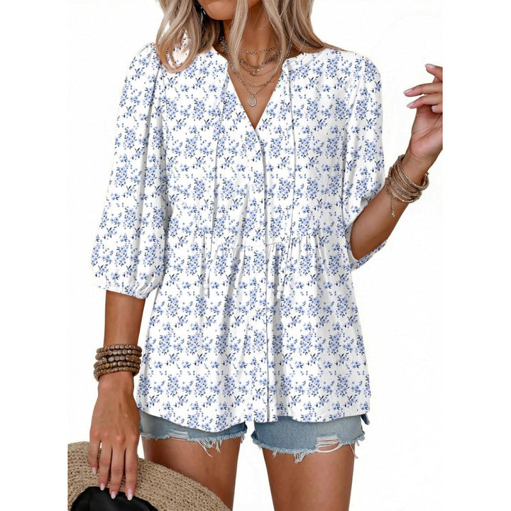 Floral V Neck Button Down Tunic Blouse