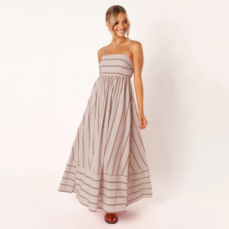 Striped Backless Spaghetti Strap Flowing Maxi Dress