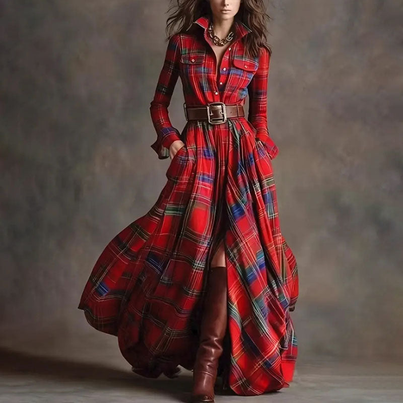 Vintage-style plaid long-sleeve dress