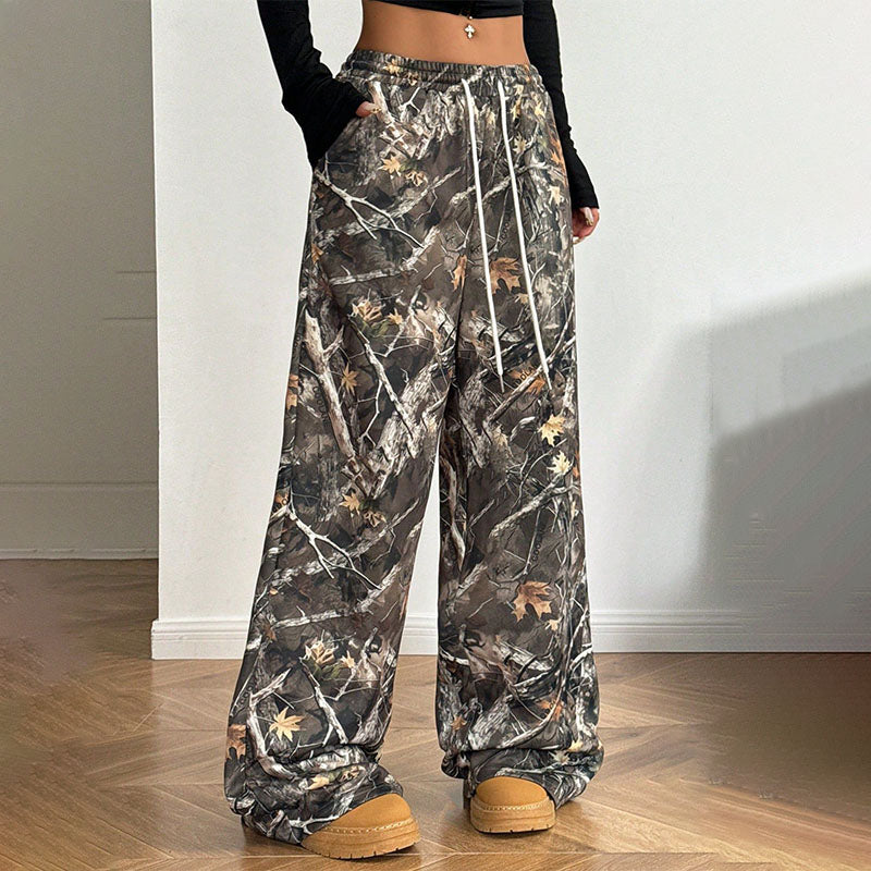 High-waisted printed wide-leg casual trousers