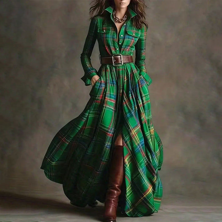 Vintage-style plaid long-sleeve dress
