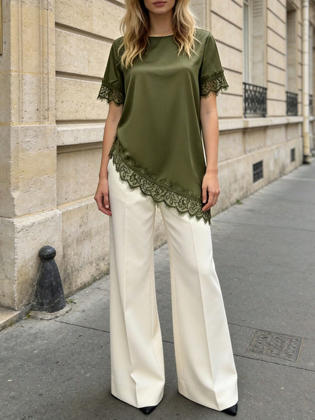 Solid Color Satin Lace Patchwork Uneven Hem Tee Top