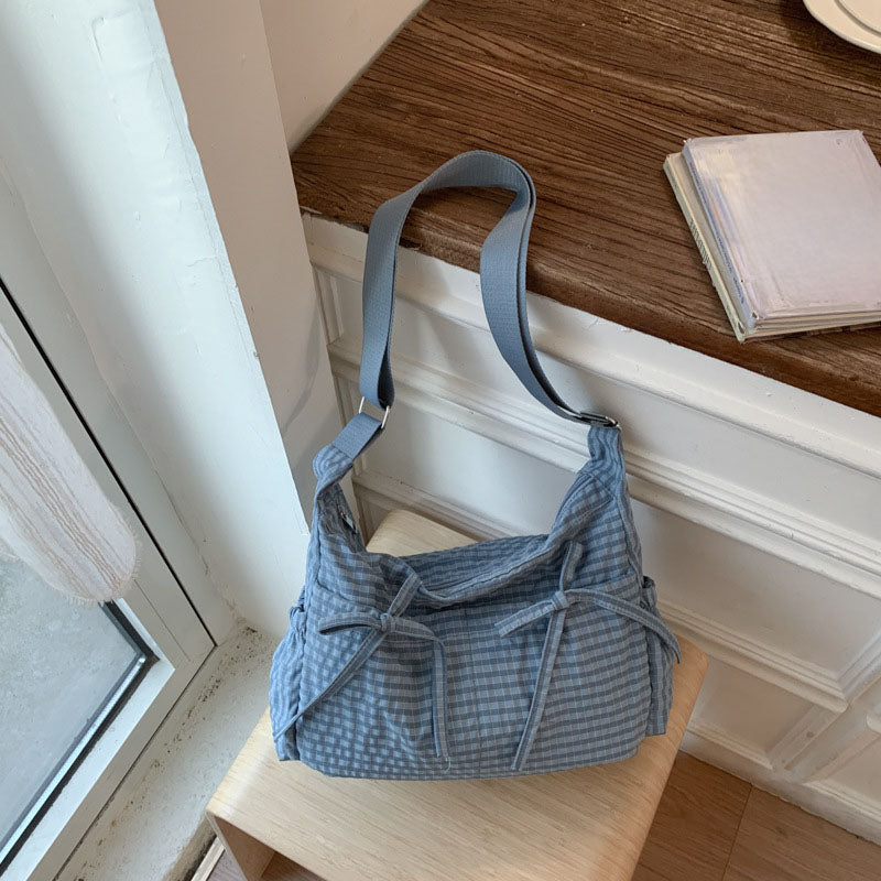 Plaid Drawstring Ruched Cloud Bag