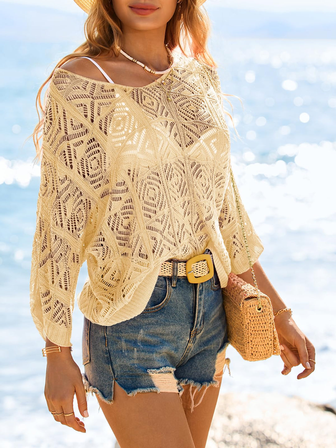 Openwork three-quarter sleeve knitted cover-up