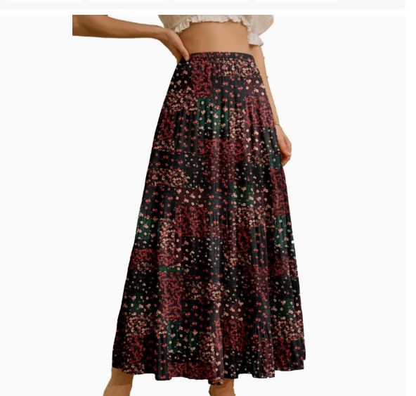 Boho Floral Tiered Midi Skirt, Elastic Waist Pleated A-Line Skirt