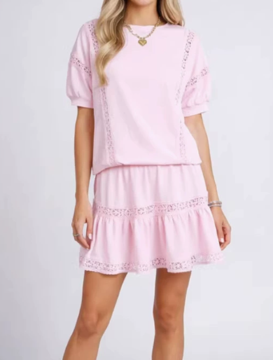 Pink Lace Trim 2-Piece Top &amp;amp; Skirt Set