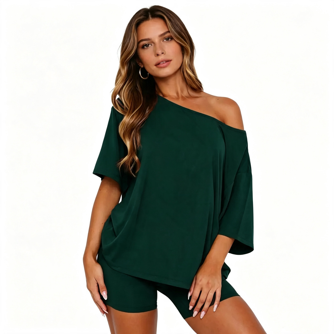 Solid color short-sleeved shirt and shorts set