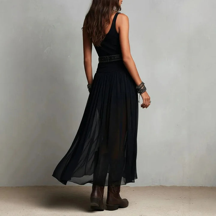 Low Neck Fitted Tank Chiffon Maxi Dress