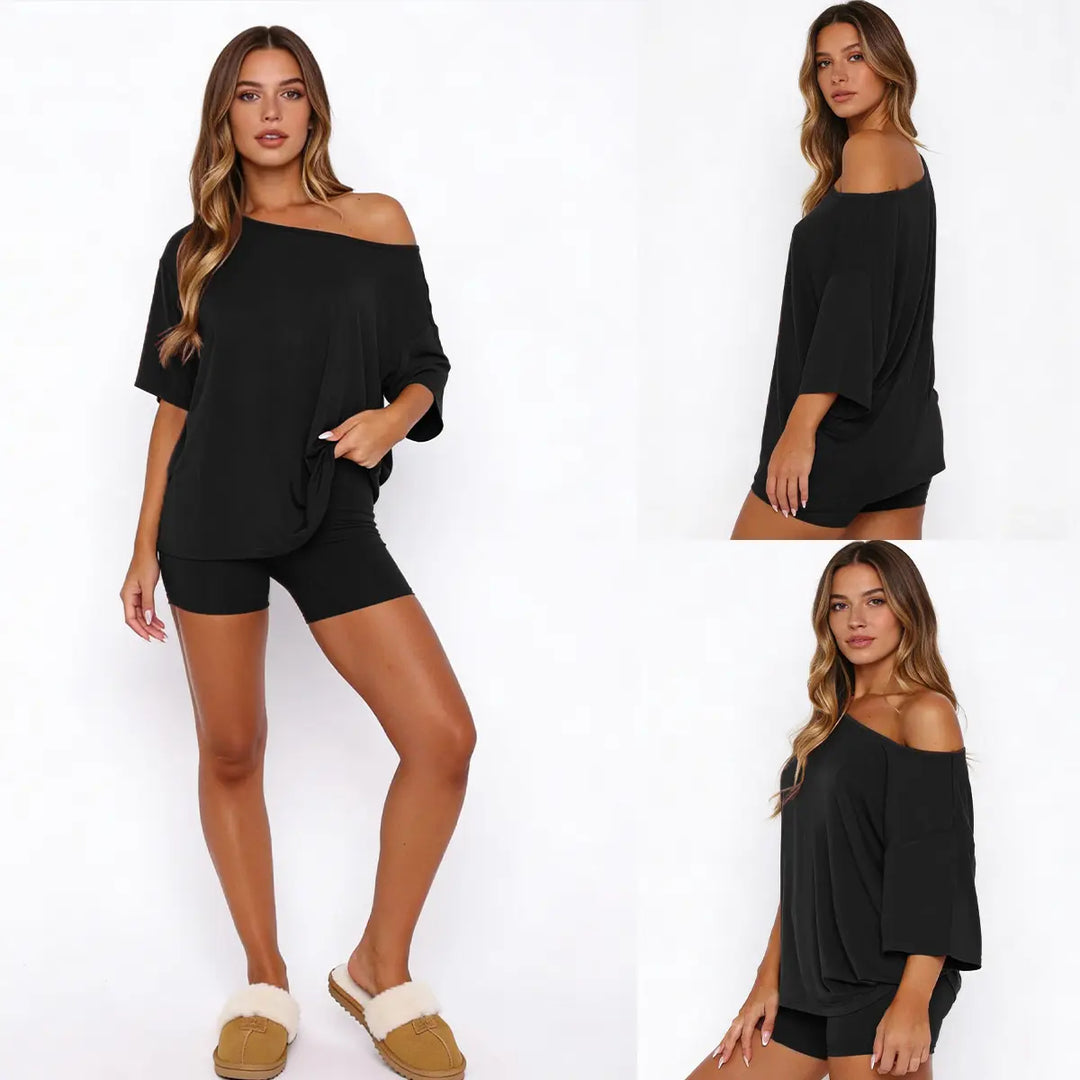 Solid color short-sleeved shirt and shorts set