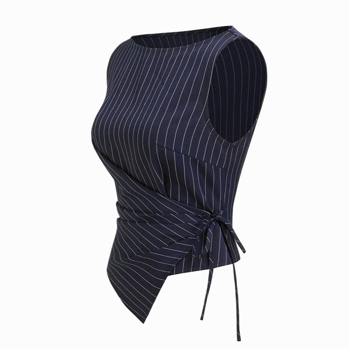 Striped sleeveless asymmetric top and straight-leg trousers set