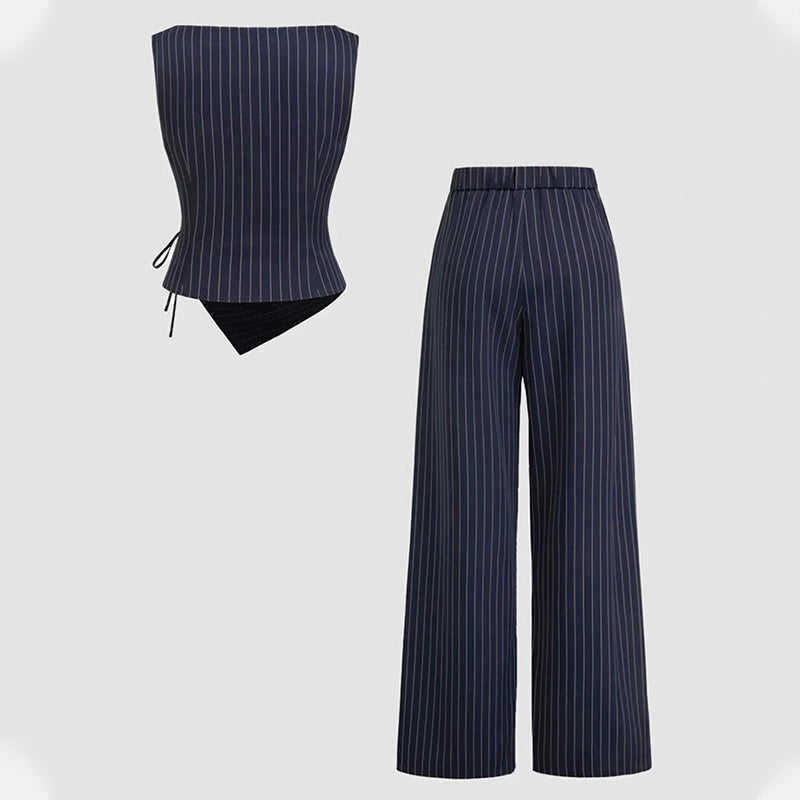 Striped sleeveless asymmetric top and straight-leg trousers set