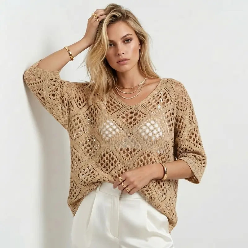 Multi-Color Crochet Knit Top, V-Neck Elbow Sleeve Openwork Sweater for Women