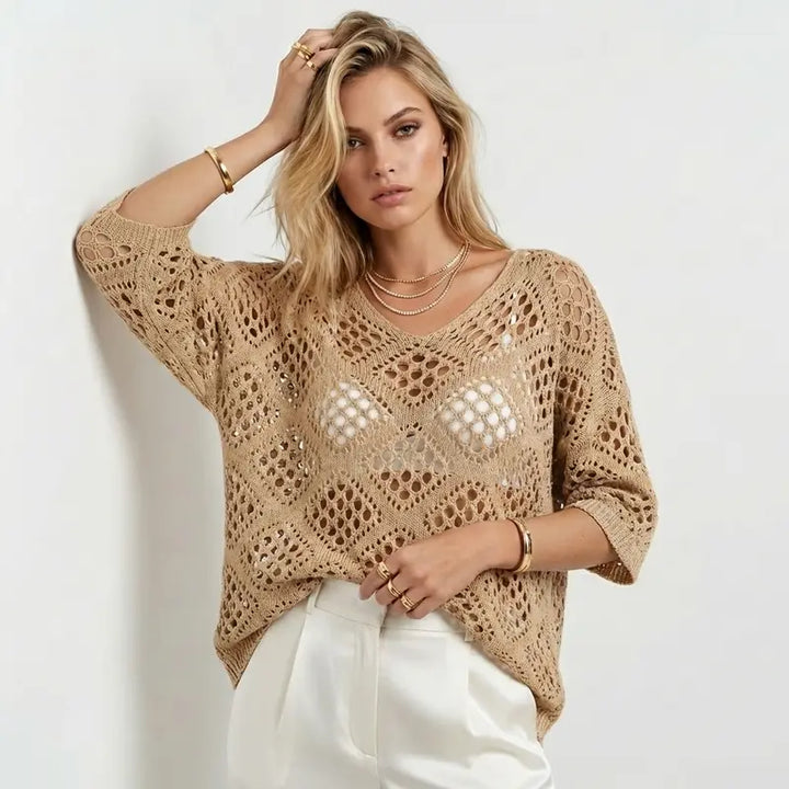 Multi-Color Crochet Knit Top, V-Neck Elbow Sleeve Openwork Sweater for Women