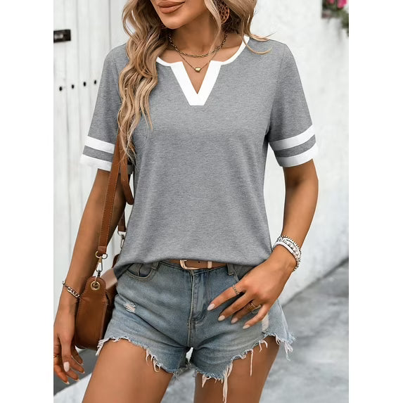 Slub Knit Crew Neck T-Shirt – Heather Grey Contrast Trim Casual Short Sleeve Top