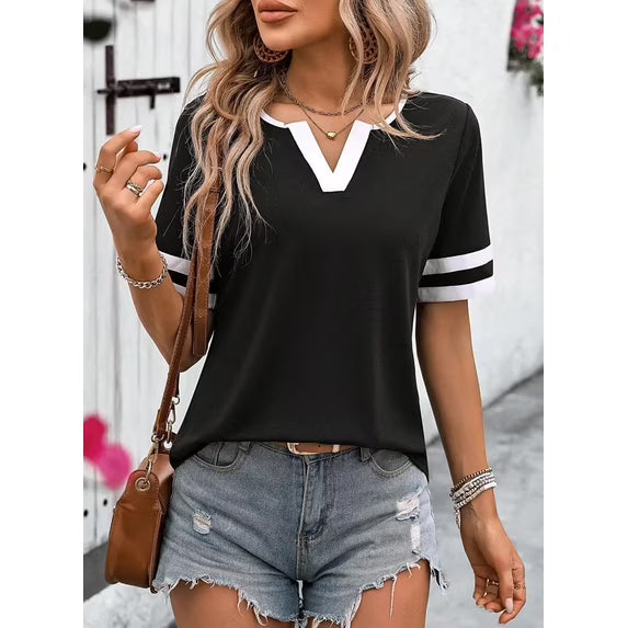 Slub Knit Crew Neck T-Shirt – Heather Grey Contrast Trim Casual Short Sleeve Top