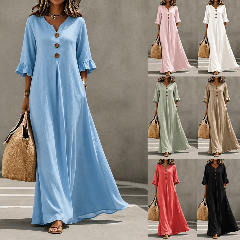 V-neck woven button-down ruffle sleeve long dress