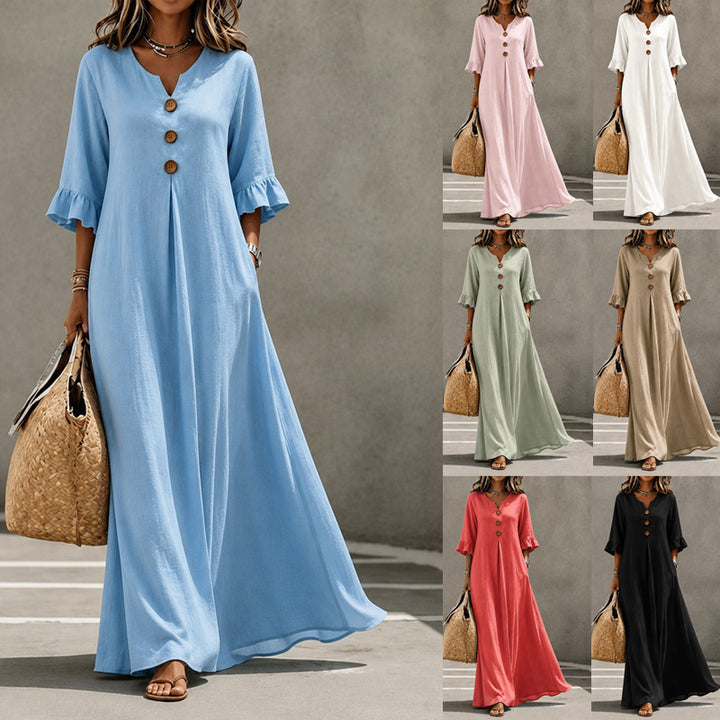 V-neck woven button-down ruffle sleeve long dress