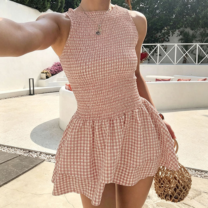 Sleeveless Plaid Dress with Pleated Waist