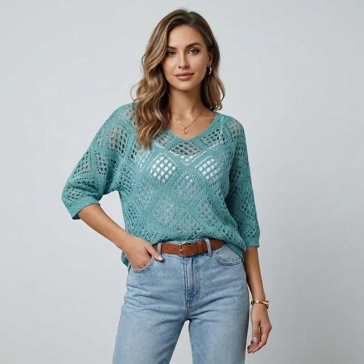 Multi-Color Crochet Knit Top, V-Neck Elbow Sleeve Openwork Sweater for Women