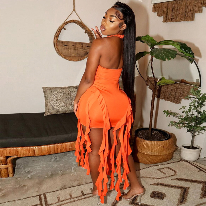 Fringe Halter Bodycon Midi Party Dress