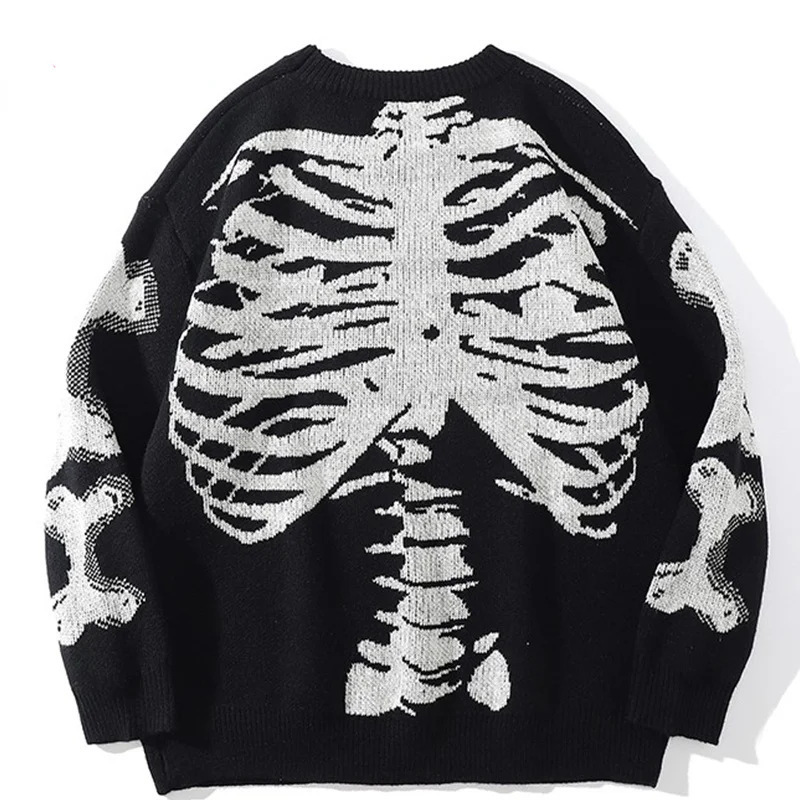 Gothic-style loose-fit knit sweater with skull print