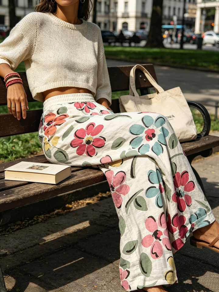 Watercolor Floral Elastic High Waist Wide Leg Palazzo Pants