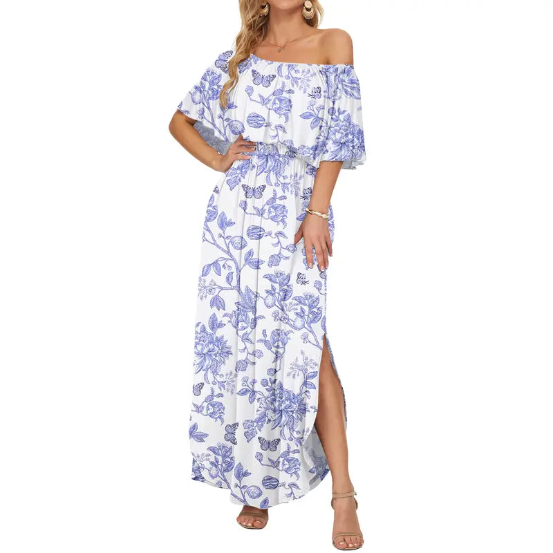 Floral Off-Shoulder Maxi Dress, Flowy Elastic Waist Dress with Side Slit