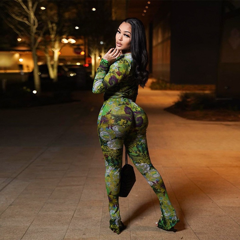 Floral Print Mesh Long Sleeve Two Piece Set
