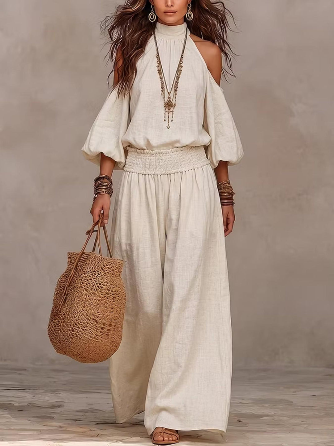 Cold Shoulder Halter Neck Linen Blend Two Piece Set