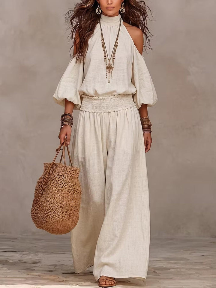 Cold Shoulder Halter Neck Linen Blend Two Piece Set