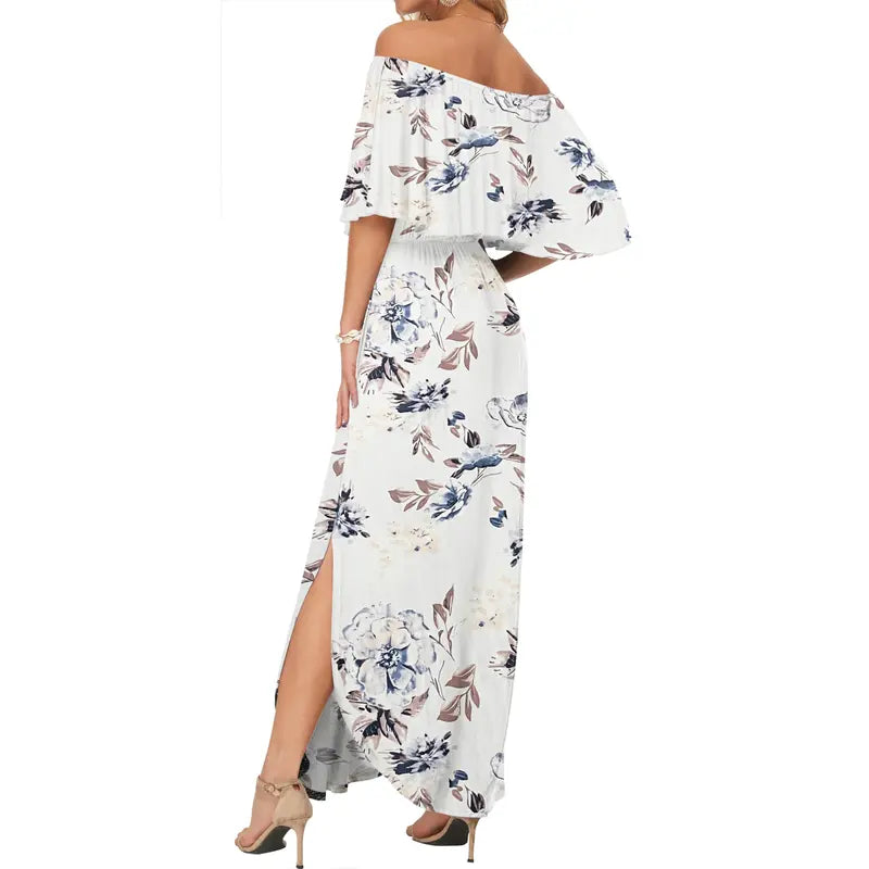 Floral Off-Shoulder Maxi Dress, Flowy Elastic Waist Dress with Side Slit