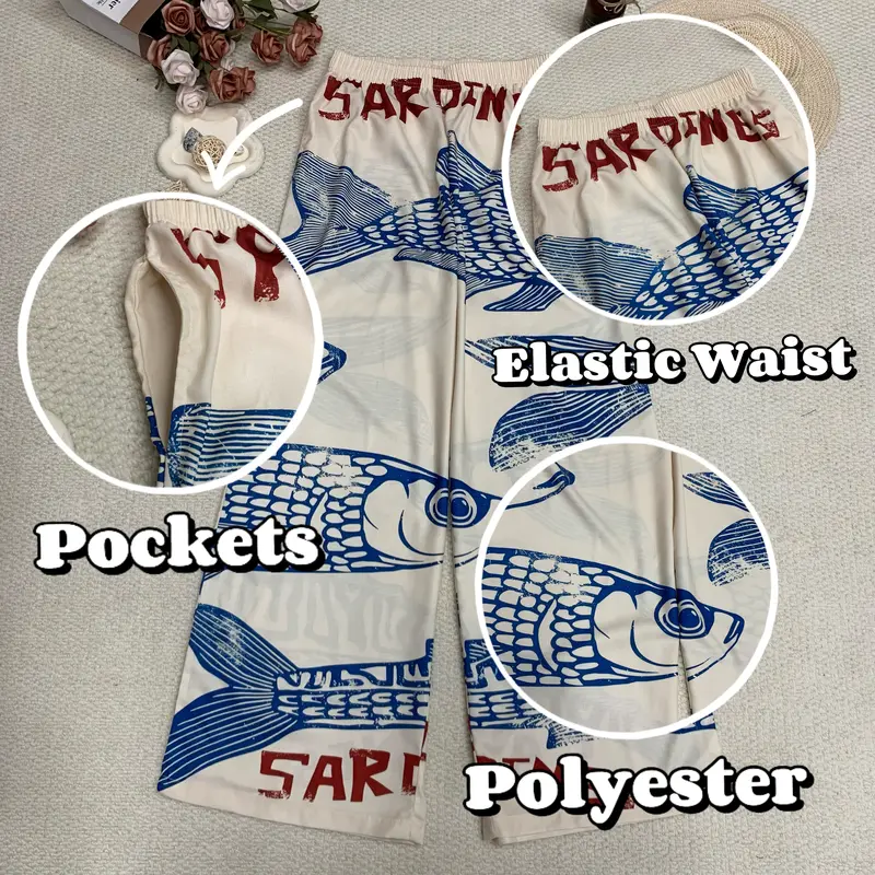 Vintage Blue Fish Print Elastic Waist Wide Leg Beach Pants With Pocket