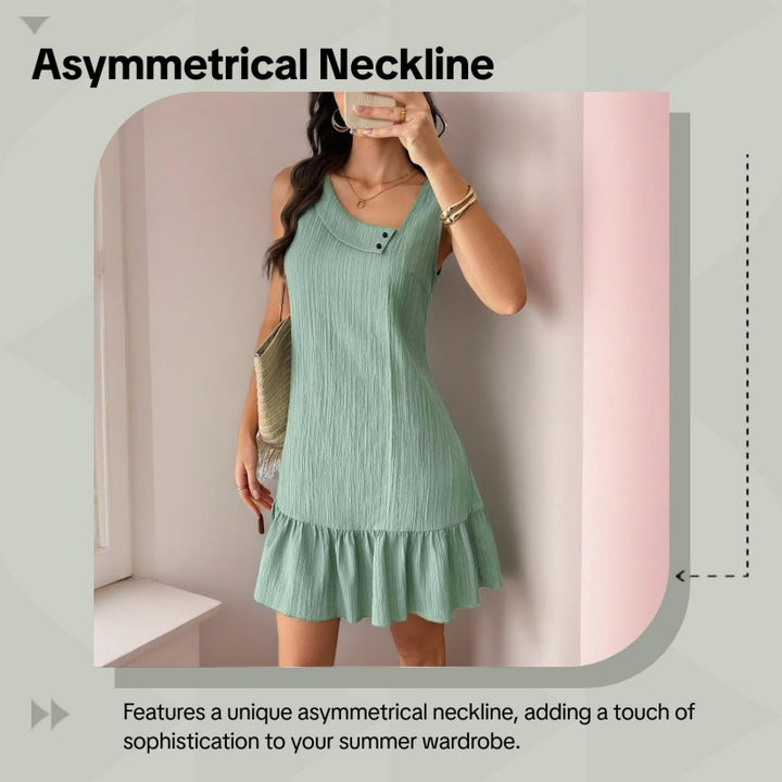 Asymmetric Neck Sleeveless Ruffle Hem Mini Dress