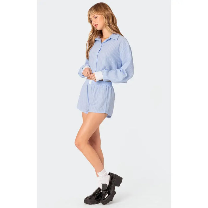 Striped Cropped Button-Down Shirt &amp;amp; Elastic Waist Shorts 2-Piece Set
