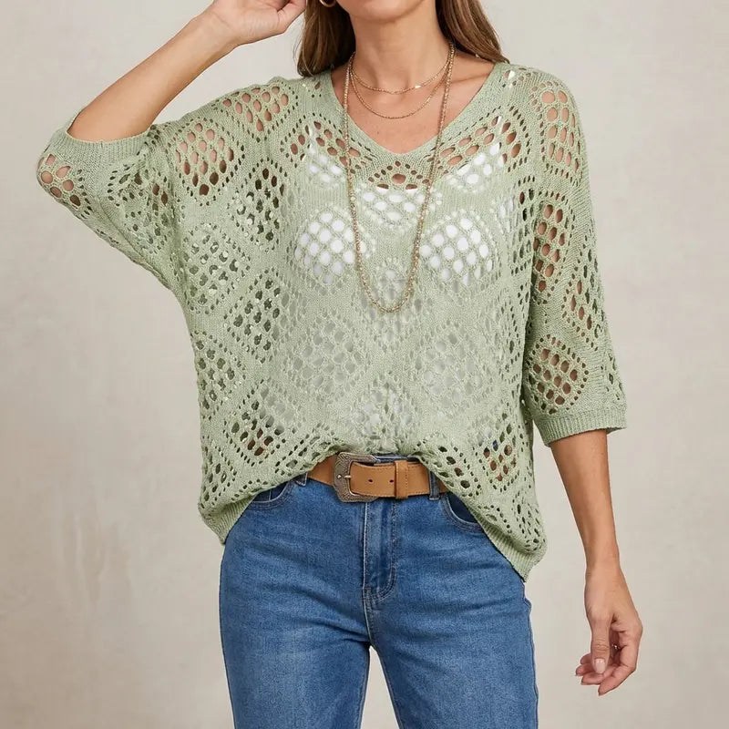 Multi-Color Crochet Knit Top, V-Neck Elbow Sleeve Openwork Sweater for Women