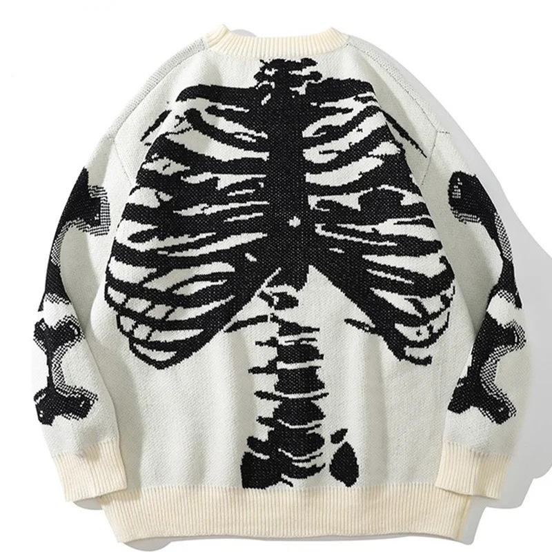 Gothic-style loose-fit knit sweater with skull print