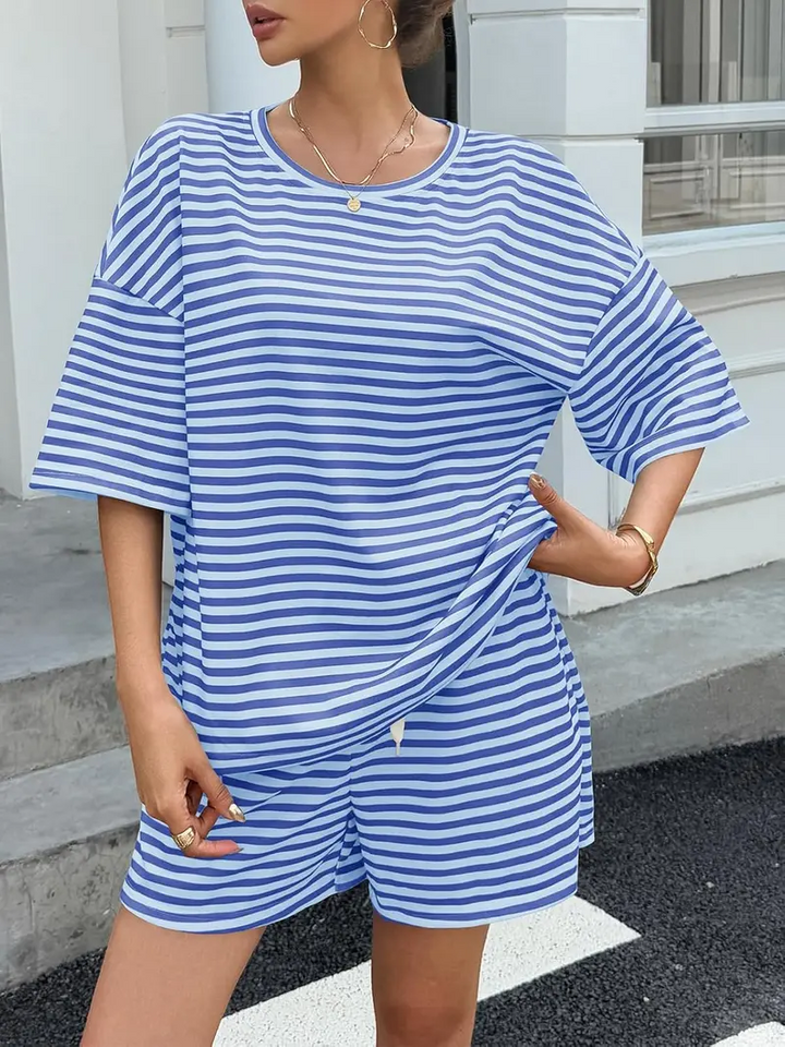 Striped Loungewear Set, Oversized Tee &amp; Drawstring Shorts