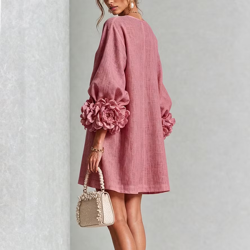 Floral-cuff puff-sleeve mini dress