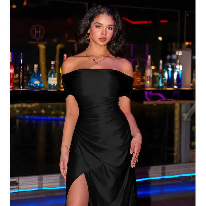 Champagne Satin Off-Shoulder Gown with Draped Detail &amp;amp; High Slit