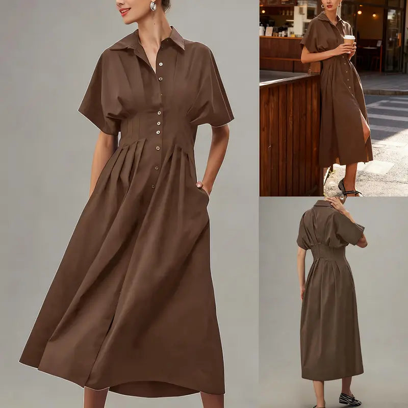Cinched Waist Button-Front Midi Shirt Dress