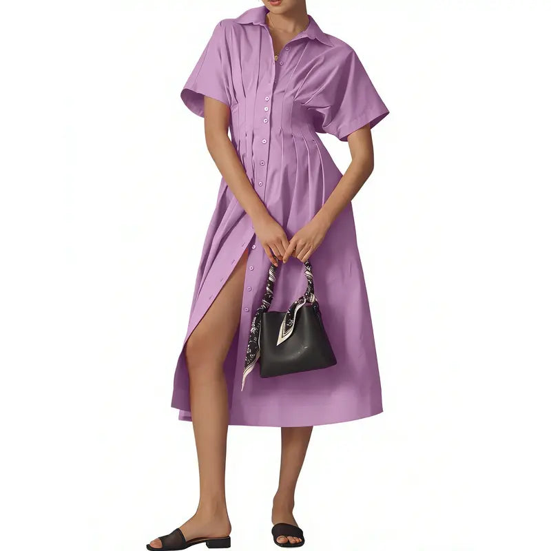 Cinched Waist Button-Front Midi Shirt Dress