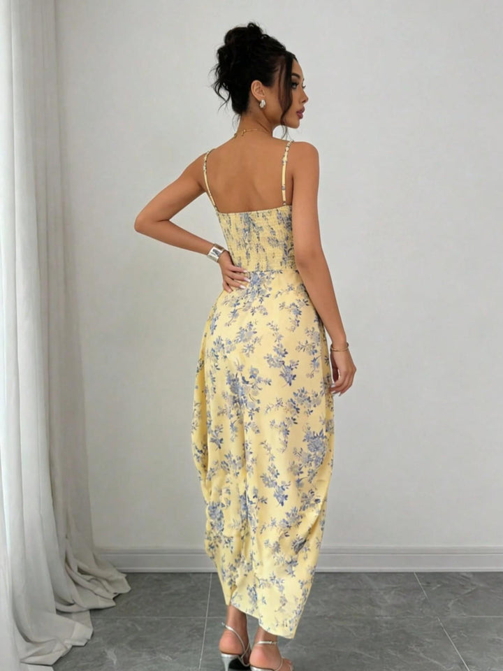 Yellow Blue Floral Ruched Waist Midi Dress