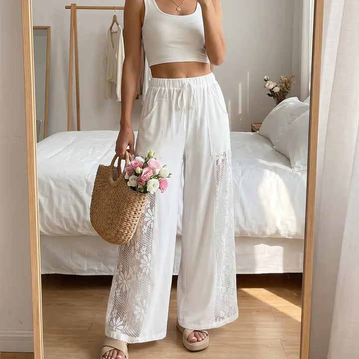 Floral lace patchwork elastic waist wide-leg pants