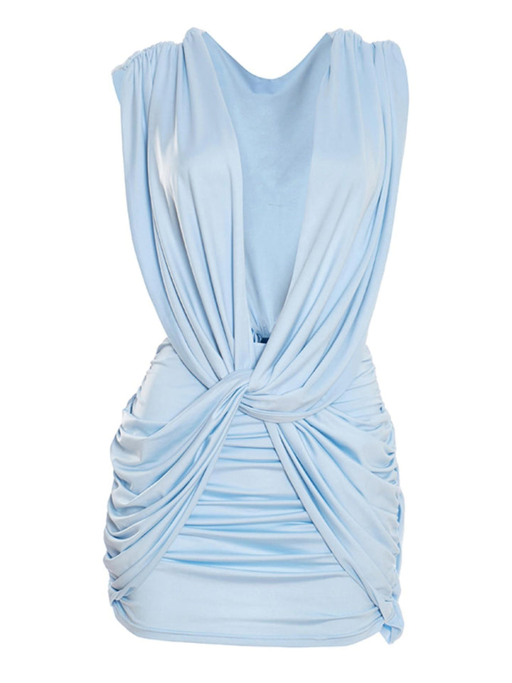 Deep V Draped Ruched Mini Dress